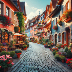 Naklejka premium Cobblestone street lined with colorful houses and lush greenery, bathed in warm sunlight