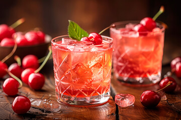 Two glasses of cherry juice coctail with cherry on top