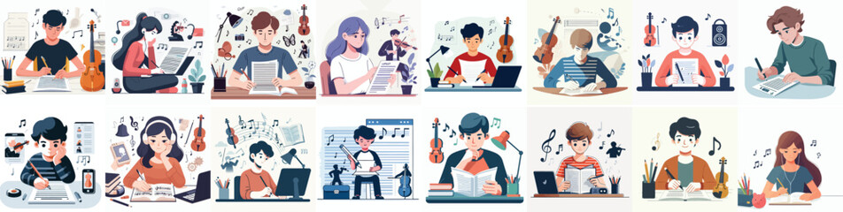 vector is a teenager writing music articles with a simple and minimalist flat design style. plain white background