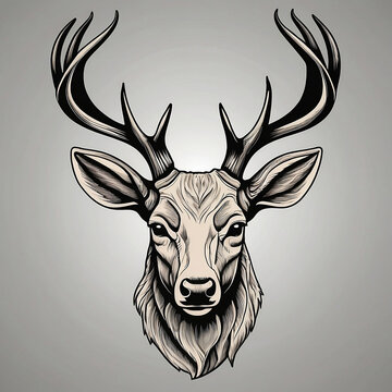 recommend clip art: Deer head icon, front angle, black and white, sillhoute, simple line art, design, drawing, illustration, with details of shadow and highlight.
