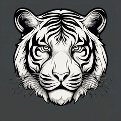Obraz premium Tiger head icon, front angle, black and white, sillhoute, simple line art, design, drawing, illustration, with details of shadow and highlight.