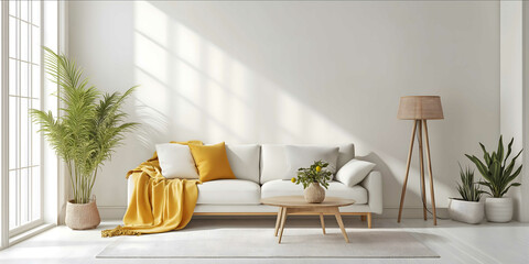 A simple living room with white walls a sofa and coffee table a carpet on the floor green plants in vases a lamp stand a yellow blanket and lightcolored decorative eleme