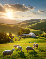 Fototapeta premium A picturesque rural landscape with a farmhouse, rolling hills, and a flock of sheep grazing in a green field under a bright sun
