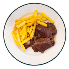 Spanish Secreto de cerdo - fried pork in red, served with french fries. Isolated over white background