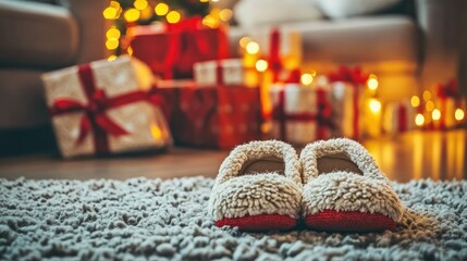 Cozy Slippers by the Christmas Tree with Gifts
