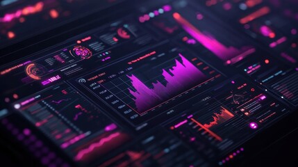 Fototapeta premium A close-up of a computer screen displaying a variety of data, charts, and graphs. The data is presented in a futuristic and stylized manner, using vibrant colors and sleek design elements.