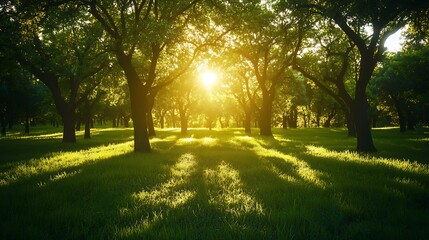 Naklejka premium Vibrant green tree with sunlight shining through its leaves beautifully.