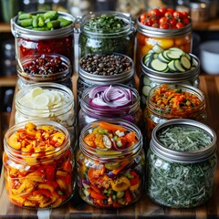 A collection of jars filled with various vegetables and spices