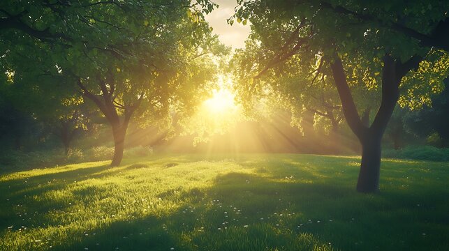 Beautiful sunlight breaking through green tree leaves, casting golden rays.