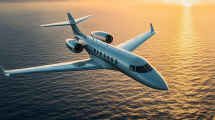 Exclusive private jet soaring over the ocean at sunset, captured in high quality-