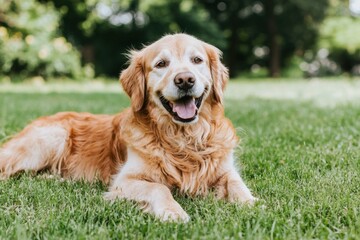 Playful golden retriever park pet photography lush greenery close-up joyful moments
