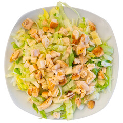 Appetizing caesar salad served on platter with parmesan cheese and chicken pieces. Isolated over white background