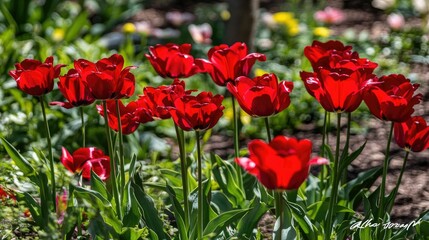 Bright Red Tulips in Scenic Garden Setting