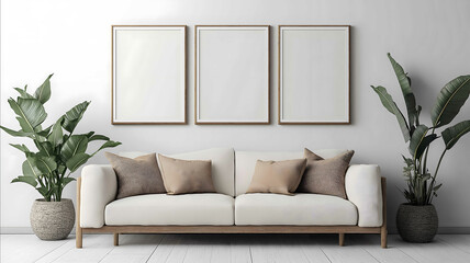 a mockup for wall art clean white interior with beige tones a couch against the wall 3 portrait size frames on the wall realistic