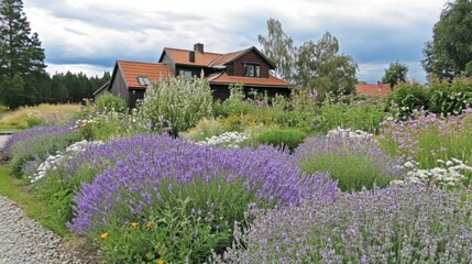 Beautiful Lavender Garden with Cozy House Background