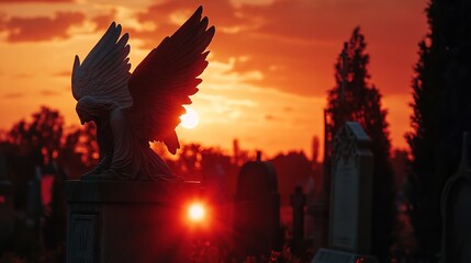 Obraz premium A somber cemetery at dusk, featuring winged angels weeping silently over gravestones, with a dramatic red sunset painting the sky in shades of orange and crimson. 