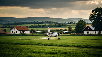 Fototapeta premium Small airplane landing on grass field, countryside backdrop, rural houses nearby.