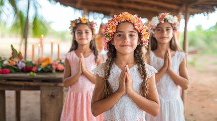 Young girls with flower crowns and angelic costumes participate in a religious procession for Virgin of Caacupé Day, reflecting devotion and cultural pride in Paraguayan tradition.
