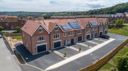 Obraz premium Modern Homes with Solar Panels in Residential Area