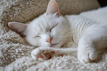 Obraz premium Sleeping White Cat on Fuzzy Blanket Adorable Pet Naptime Cute Animal Resting