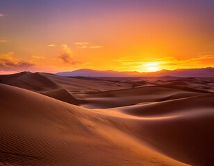 Sunset Over the Vast Desert With Rolling Sand Dunes Glowing Golden Under the Fading Light, While the Sky Transitions From Orange to Deep Purple in the Distance