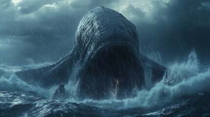 giant apocalyptic sea monster in the middle of the sea in a storm
