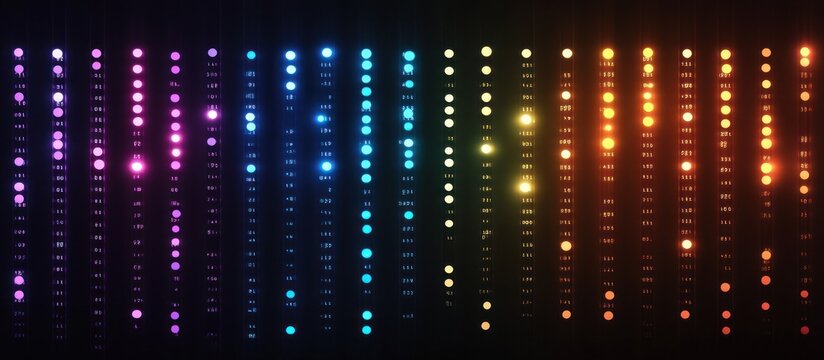 Digital binary code display glowing in various colors against dark background 
