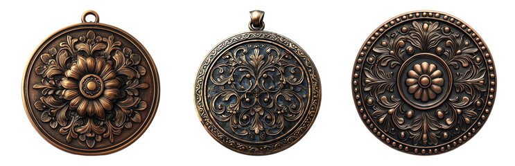 PNG Decorative Metallic Medallions with Intricate Designs. Isolated on transparent background
