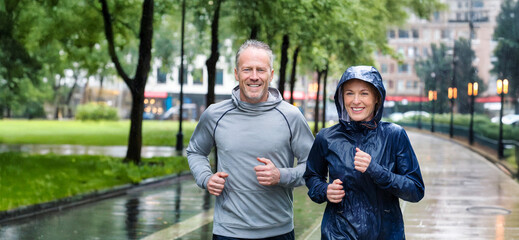 A middle-aged couple is jogging in the city park while it is raining. happy couple jogging together.