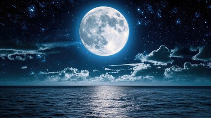 Serene Nightscape with Full Moon Over Calm Ocean