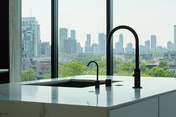 Fototapeta premium minimalist kitchen with floor-to-ceiling windows