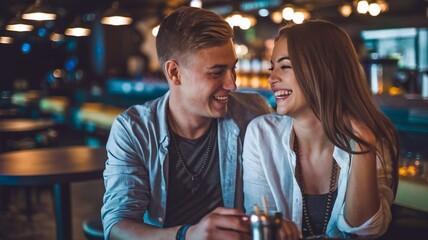 Young Couple Laughing and Enjoying a Night Out at a Trendy Bar