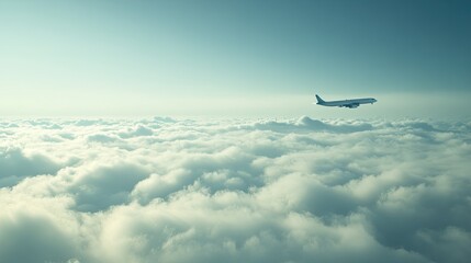 Fototapeta premium Airplane Flying Above Soft Clouds in Clear Sky