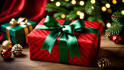 Christmas gift box with quilted red fabric, gold threads, tied with a deep green ribbon and frosted pinecones