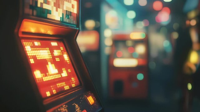 Retro arcade machine with glowing pixelated screen in dimly lit gaming room
