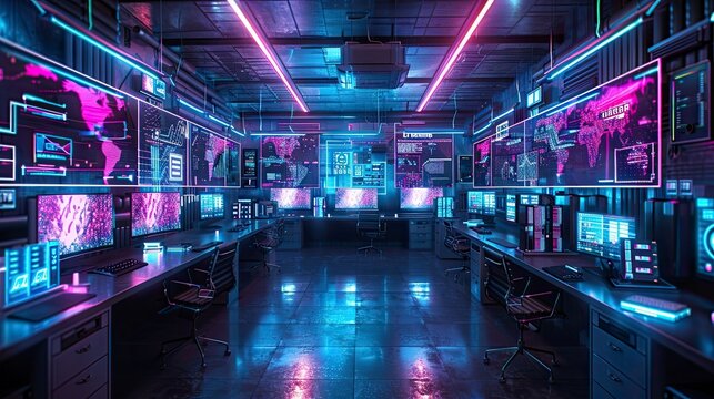 Dark futuristic office with glowing screens and neon lights illuminating the sleek grey desks and tiled floor. .