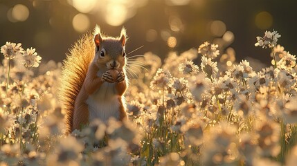 Squirrel in a Flower Field at Sunset