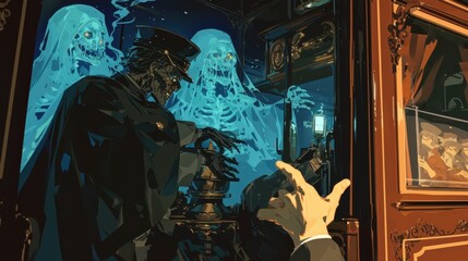Fototapeta premium A haunted train conductor invites unsuspecting passengers onboard his locomotive promising them a thrilling ride through the afterlife.