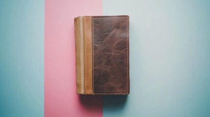 A closed brown leather-bound book on a pastel background.