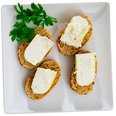 Sandwich with caraway and lithuania cheese with parsley. Snack before lunch. Isolated over white background