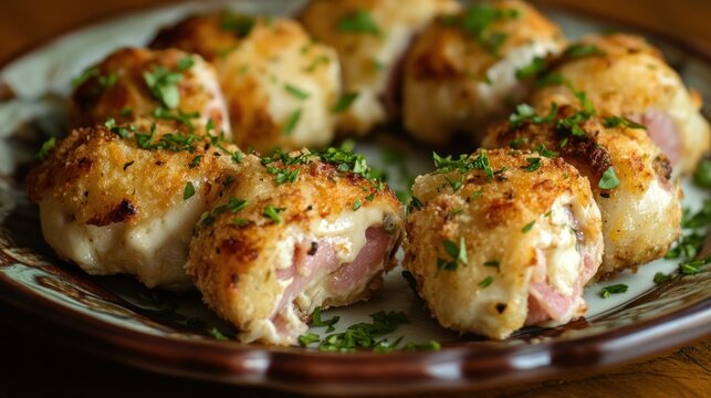 Chicken cordon bleu bites arranged on a plate, golden brown, garnished with fresh herbs 