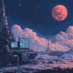 An astronaut sits in a futuristic control room, monitoring screens with a view of a red moon, a distant cityscape, and a tower in a surreal, alien landscape.