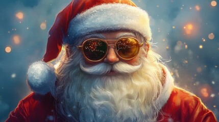 Cool modern Santa Claus in sunglasses over red background. Christmas concept.