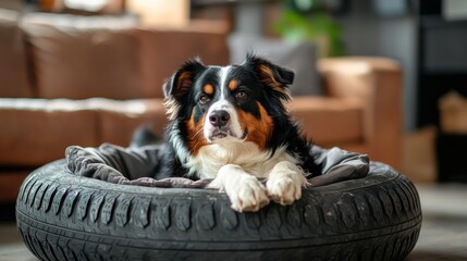 Dog Relaxing in a Cozy Tire Bed