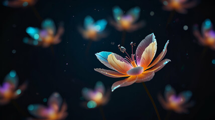 Floating petals with holographic edges hovering in a dark space. Background