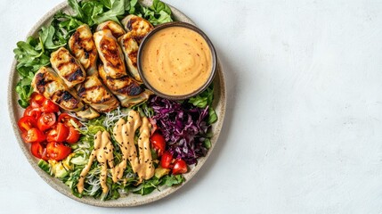 Fresh Asian-Inspired Salad with Grilled Dumplings, Colorful Vegetables, and Nutty Sauce, Perfect for Healthy Eating and Culinary Inspiration