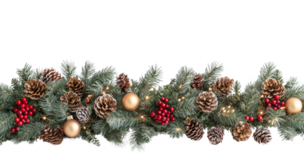 Photorealistic seamless Christmas garland with golden, red and green decorations on transparent background, branches and cones