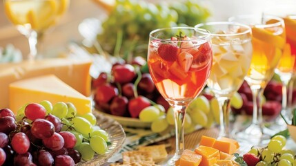 A tantalizing spread of gourmet cheese selections paired with colorful fruitinfused mocktails.