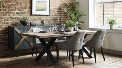 Modern Dining Room with Rustic Brick Wall