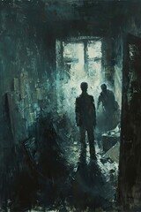 Obraz premium Two shadowy figures stand in a dark and cluttered room with a bright window in the distance. The walls are rough and the air is thick with dust.